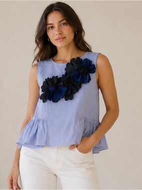 IMPERIAL Blue Stripe Girls Sleeveless Top with 3D Floral Appliqué